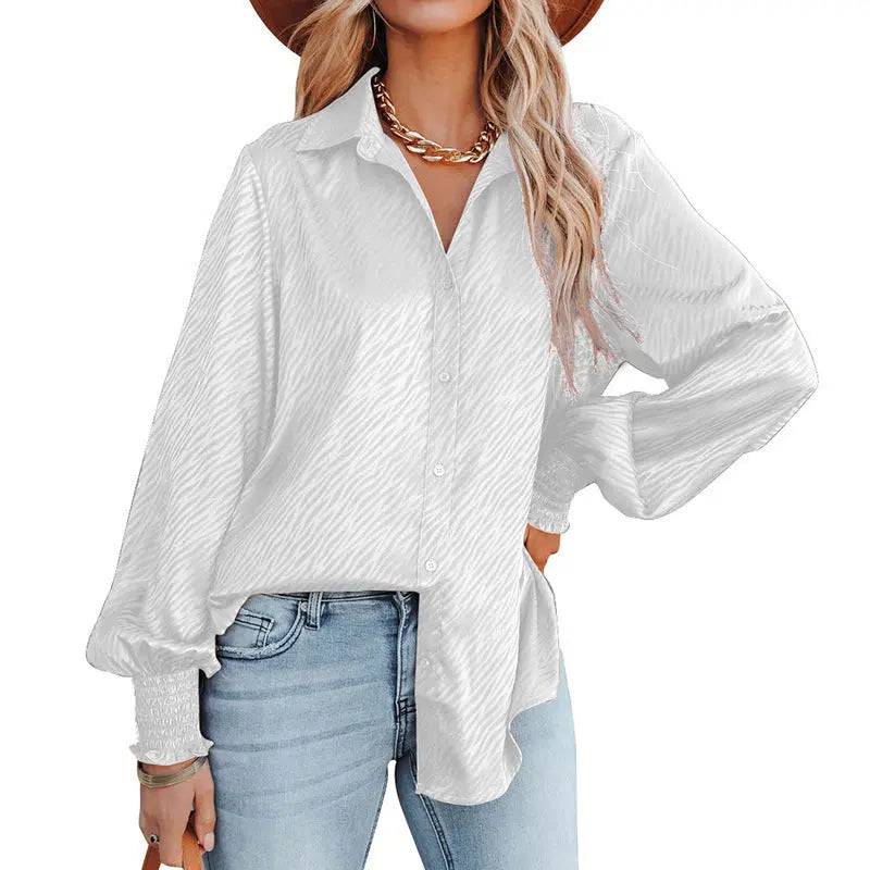 Zebra Pattern Collared Loose Top Lantern Sleeve Shirt for Women  S White 