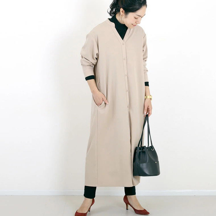 Autumn Winter Shirt Base Dress Women Solid Color Loose Casual V neck Maxi Dress - Wild Amber Fashion