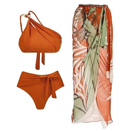 Flattering High Waist Push-Up Bikini Swimsuit with Chiffon Dress  S Brown Suit 