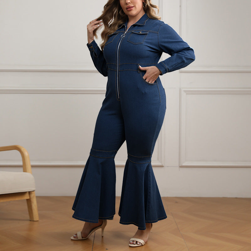 Plus Size Women Denim Zipper Collared Long Sleeve Flared Jumpsuit - Wild Amber Fashion