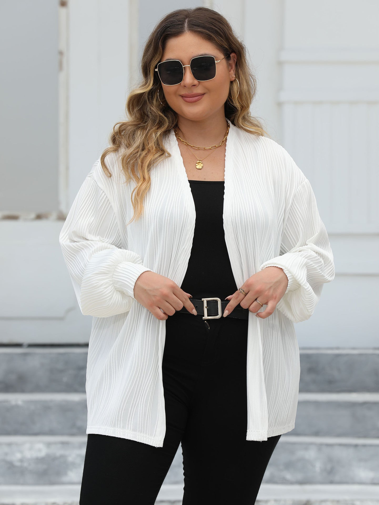 Plus Size Women Cardigan Women Wave Striped Casual Loose Jacket Comfortable Top Lantern Sleeve Air Conditioning Shirt - Wild Amber Fashion