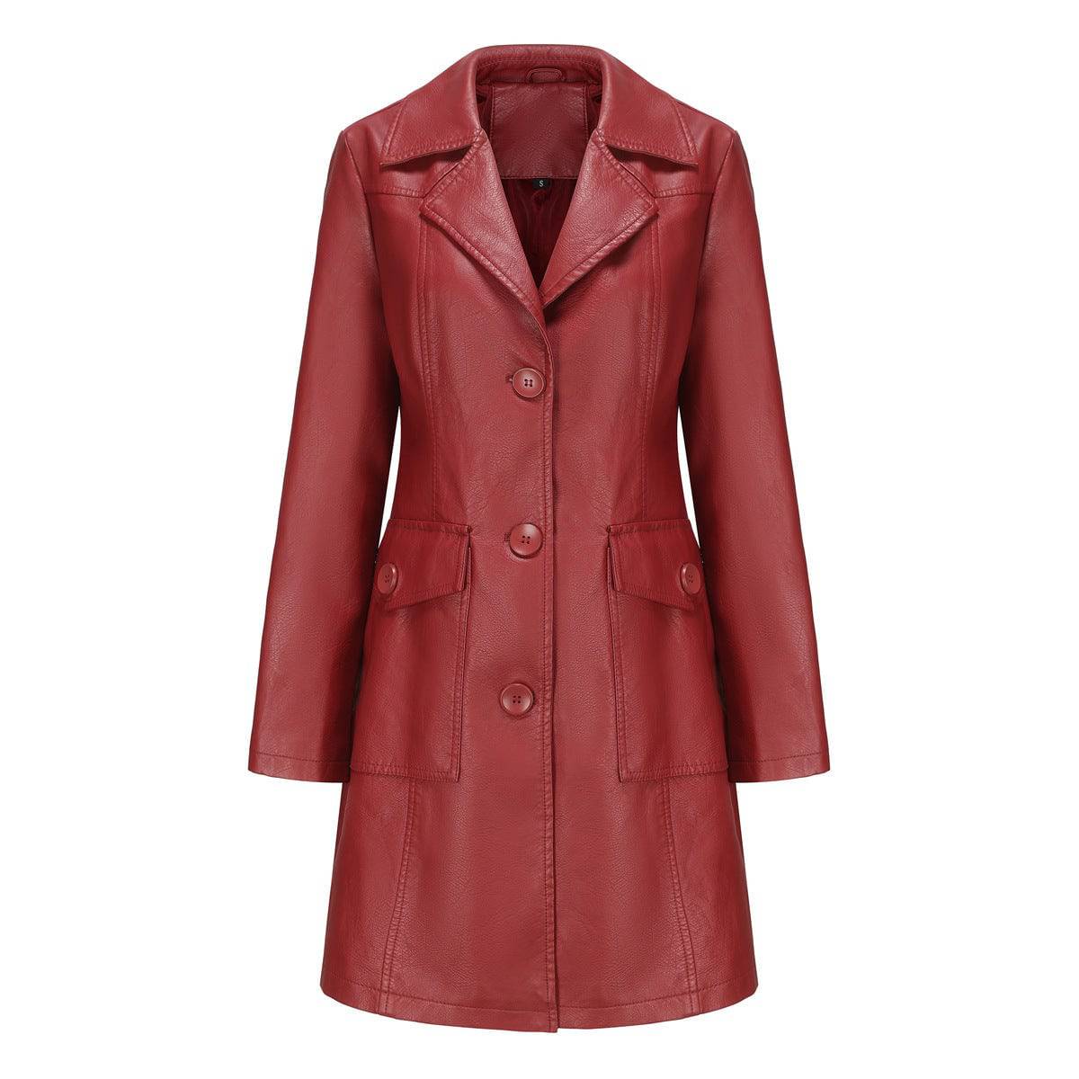 Long Leather Coat Spring Autumn Long Sleeve Leather Wind Coat British Coat Women Collared Single Breasted  S Burgundy 