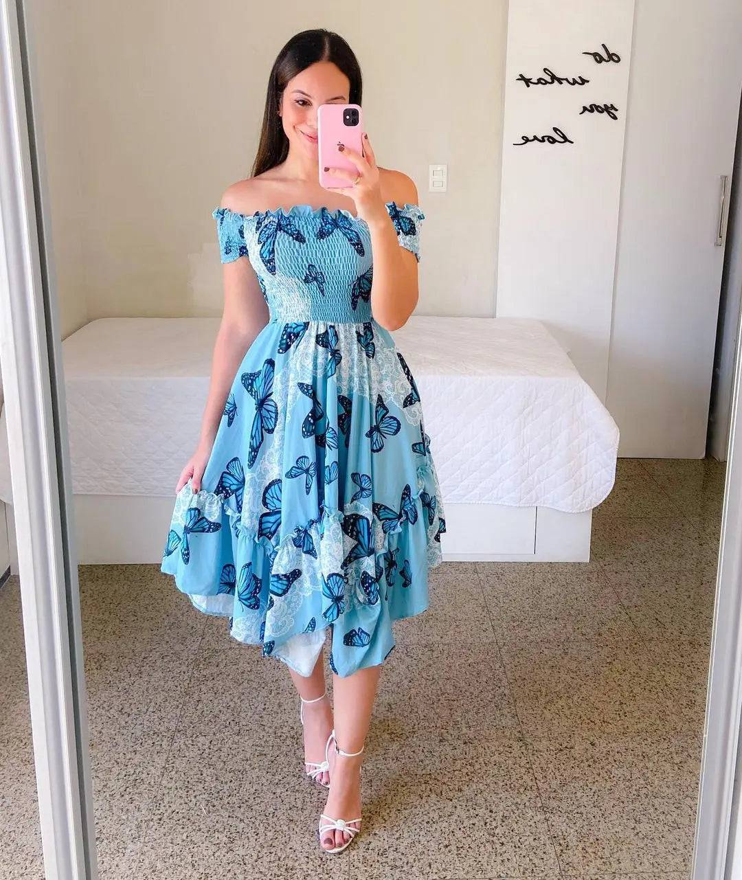 Floral Print Off-Shoulder A-Line Midi Dress  S skyblue 