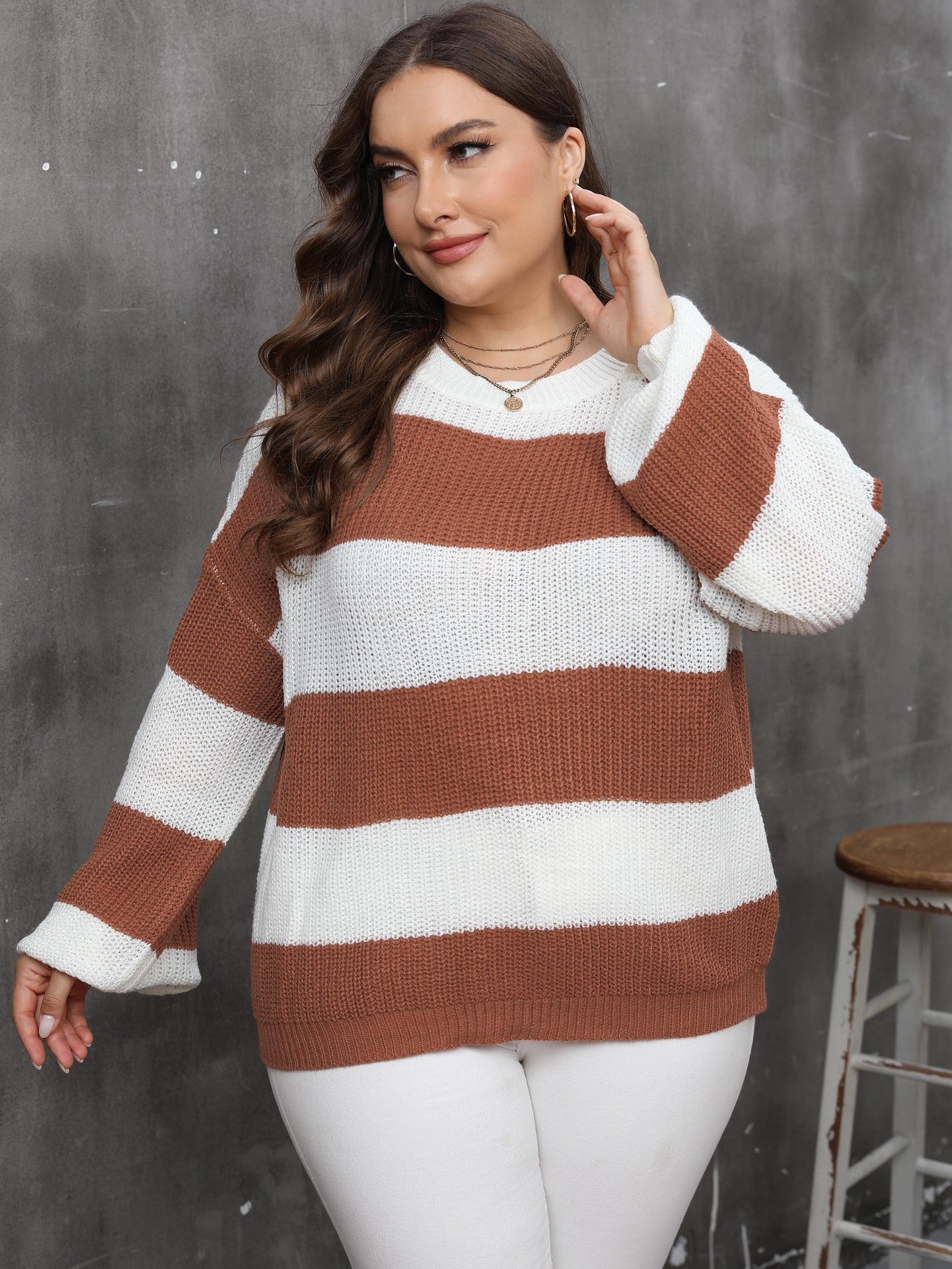 Plus Size Top Women Woven Sweater Women Clothes Contrast Color Striped Color Pullover Sweater - Wild Amber Fashion