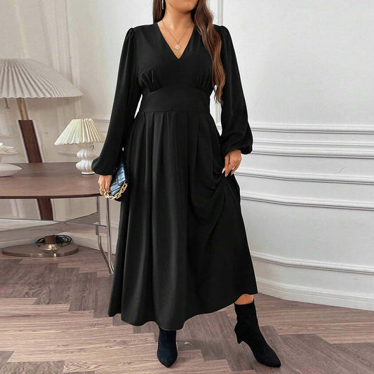 Plus Size Women Clothing Sexy V Neck Waist Puff Sleeve Midi Dress Large Swing Dress - Wild Amber Fashion