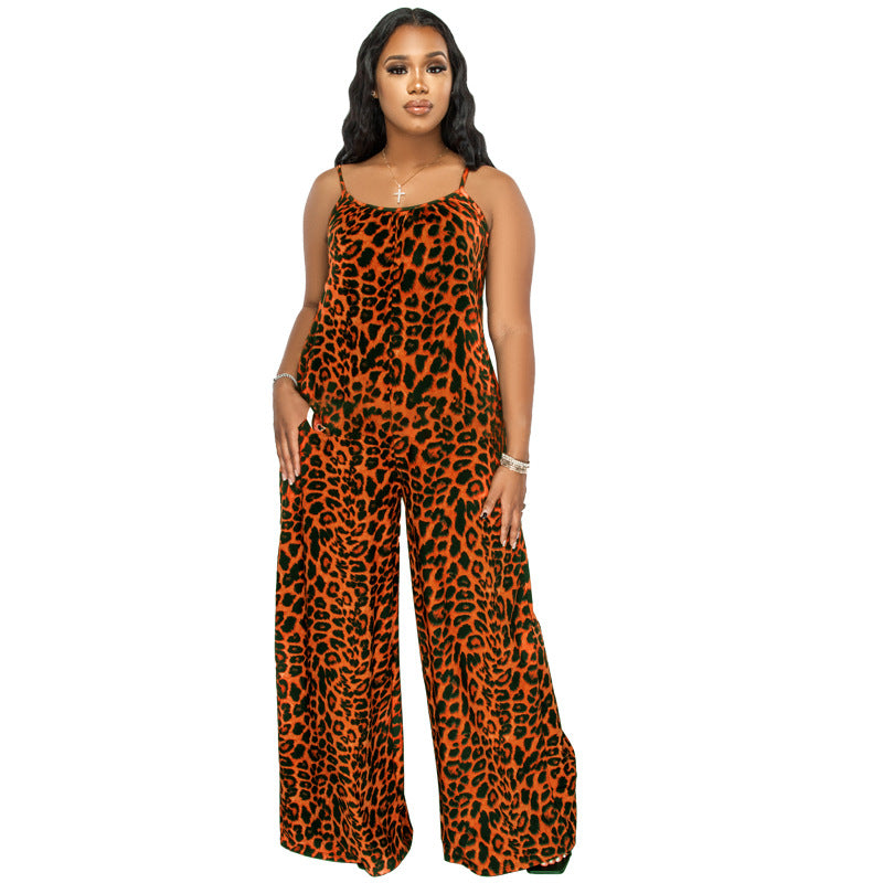 Plus Size New Jumpsuit Summer Leopard Print Sling Casual Jumpsuit - Wild Amber Fashion