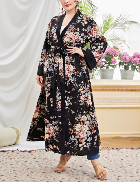 Plus Size Cardigan Coat Color Printing Artistic Long Sleeve Elegant Chiffon Women - Wild Amber Fashion