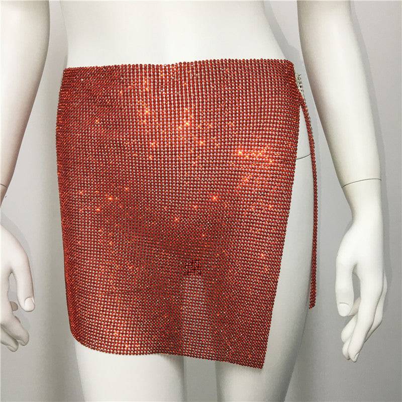 Rhinestone Embellished Hipster Slit Skirt  S Red 