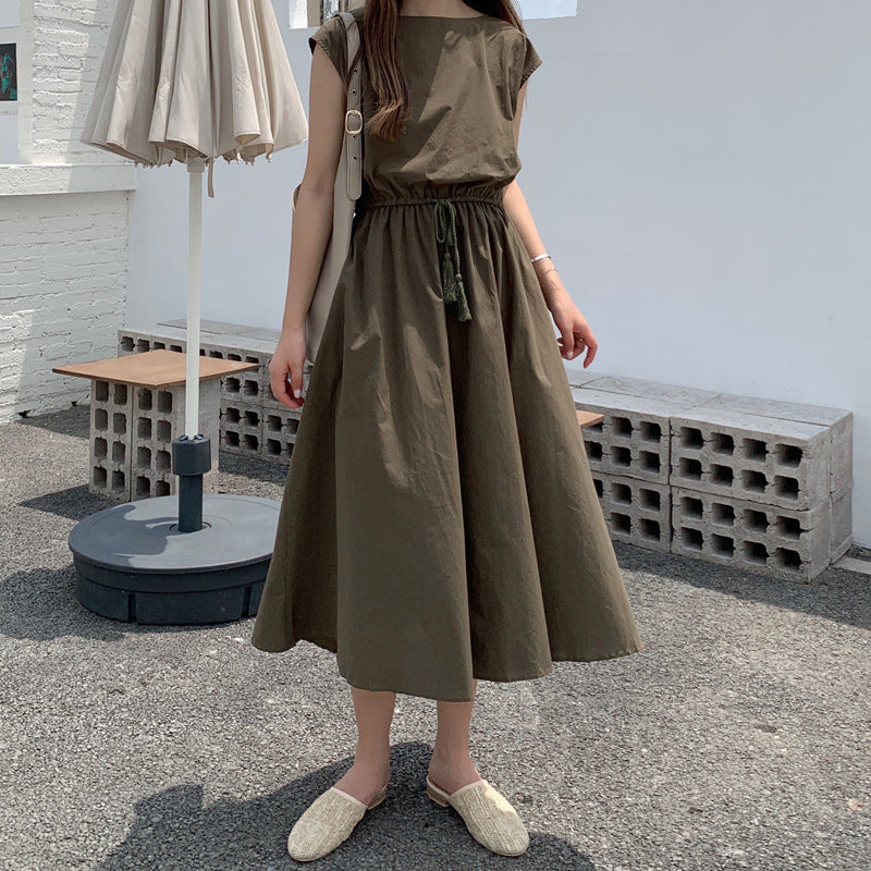 Retro Dress Women Summer Gentle Elegant Can Waist Trimming Loose plus Size Cotton Linen Large Swing Dress - Wild Amber Fashion