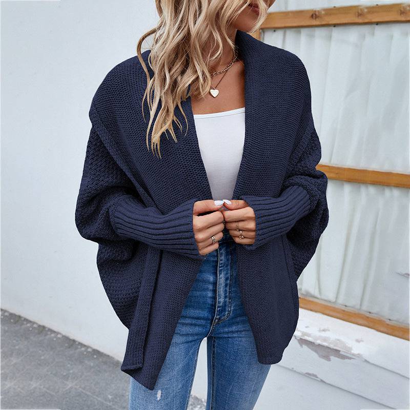 Women's Loose-Fit Knitted Batwing Sleeve Cardigan Coat  L Navy Blue 