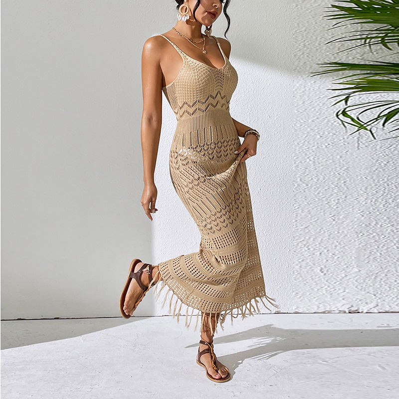 Sexy Cutout Sling Maxi Dress Slim Fit Tassel Beach Dress Sleeveless Knitted V neck Strap Dress