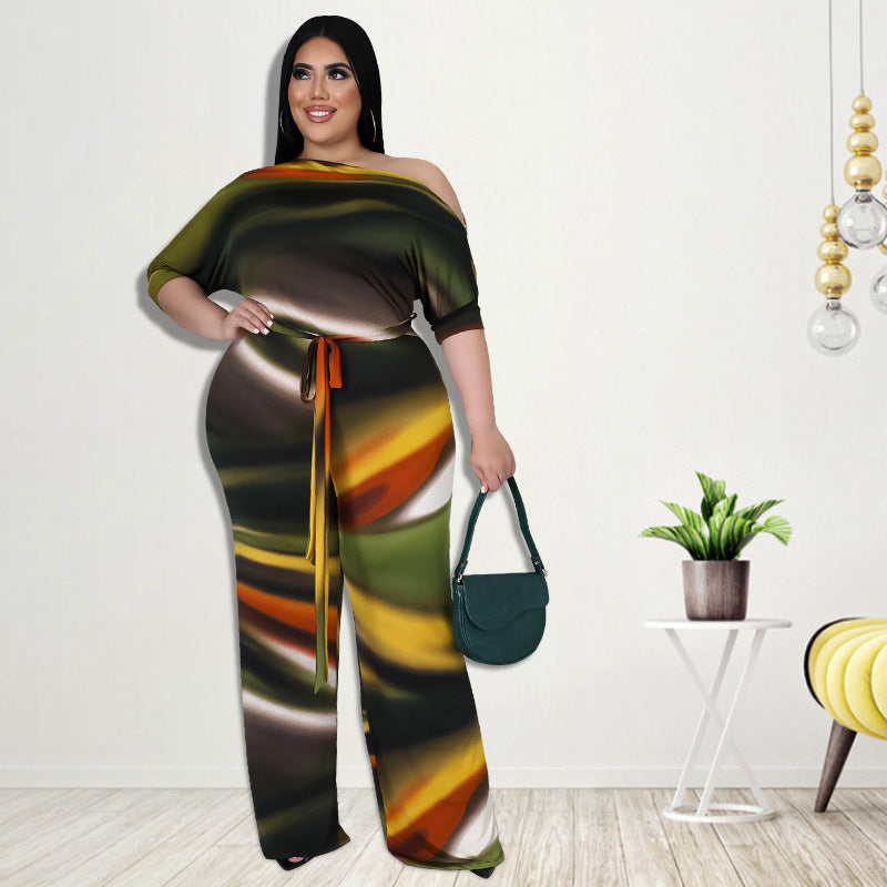 Plus Size Women Clothes Autumn Wide-Leg Pants Digital Printing Romper New Arrival - Wild Amber Fashion