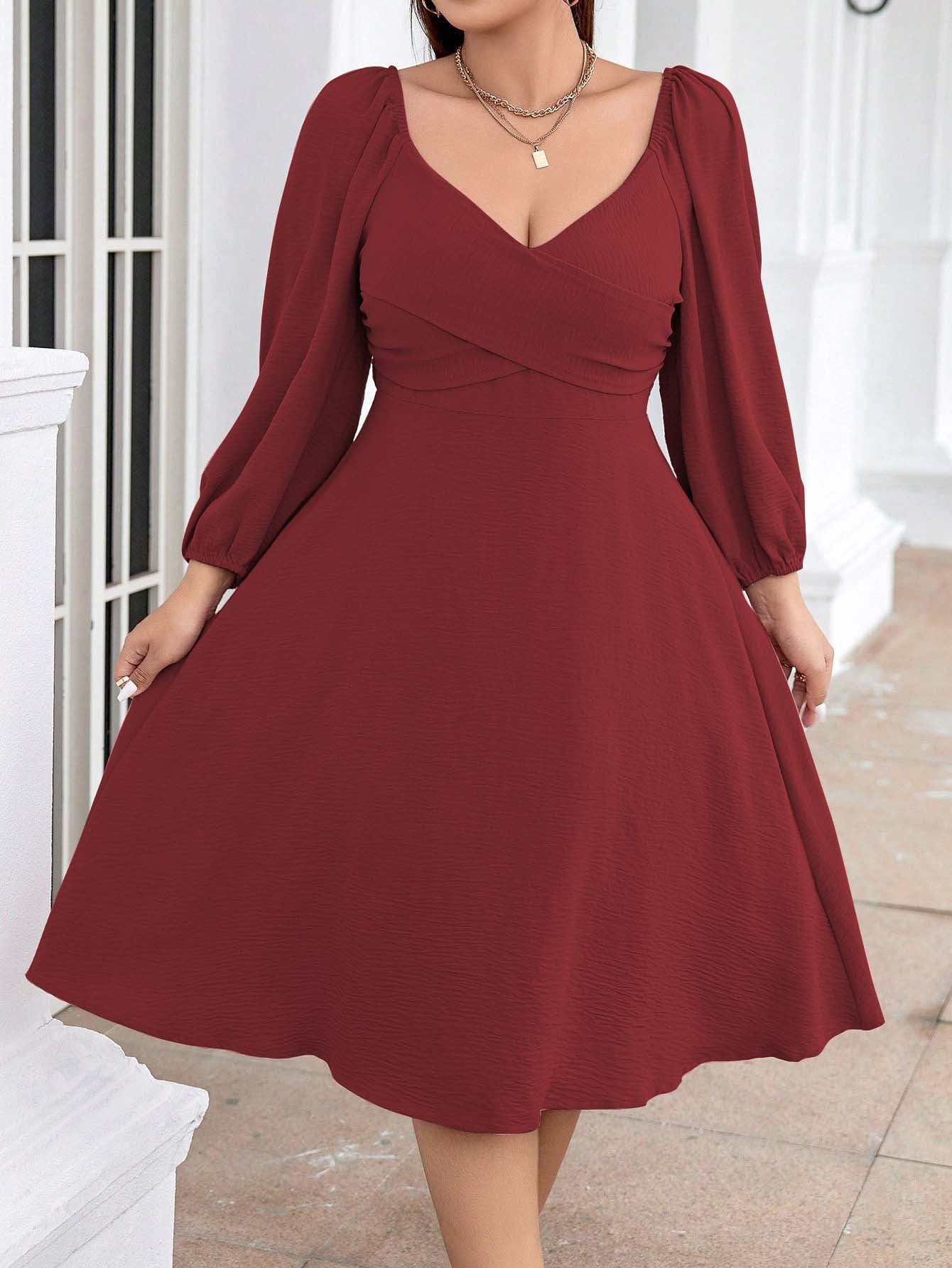 Plus Size Women Elegant Red Dress Autumn Winter V Neck Long Sleeve Mid Length Dress - Wild Amber Fashion