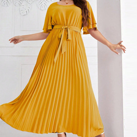 Plus Size Summer Square Collar Large Swing Dress Elegant Short Sleeve Lace up Slimming Pleated Dress - Wild Amber Fashion