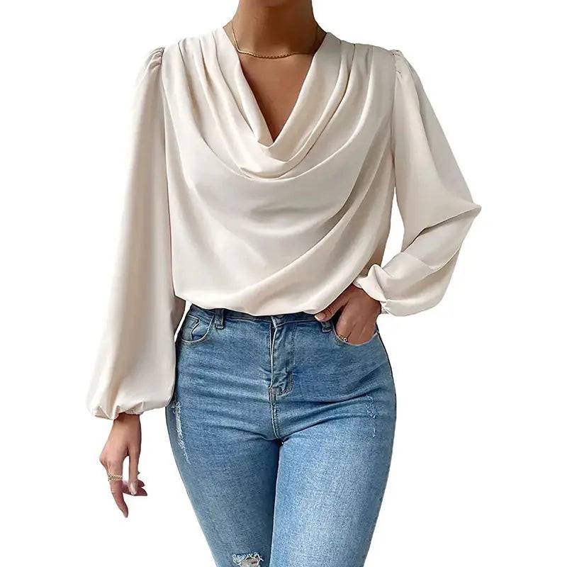 Long Sleeved Shirt Loose Draped V neck Top T shirt Women Clothing  S Apricot 