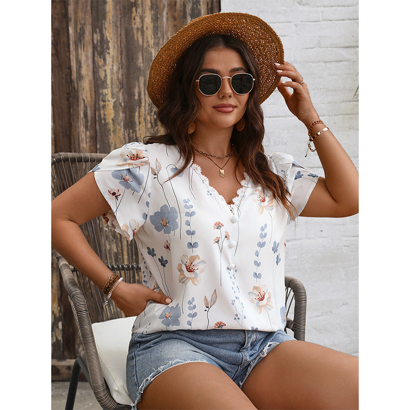 Plus Size Summer V neck Lace Stitching Printing Shirt Loose Women Clothing - Wild Amber Fashion