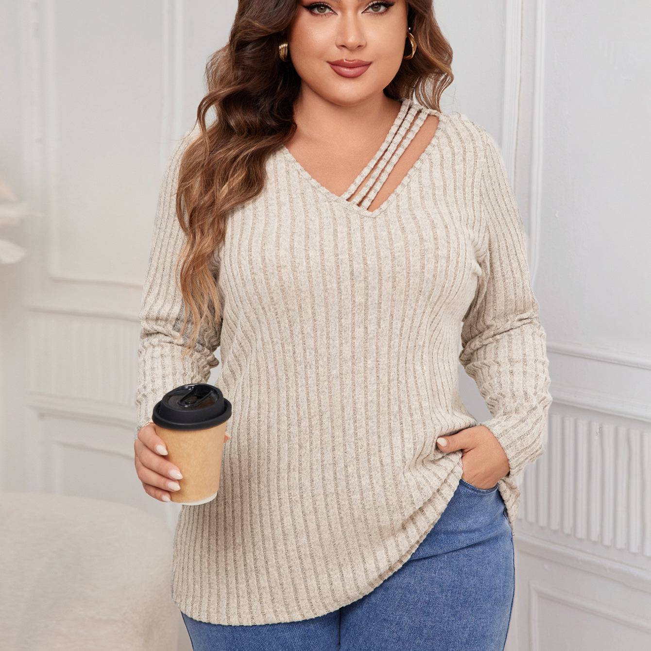 Plus Size V neck Sweater Fall/Winter Loose Fitting Outerwear Sweater - Wild Amber Fashion