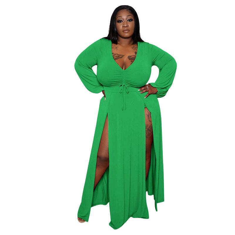 Flattering Plus Size Deep V-Neck Long Sleeve Dress for Spring and Summer  XL Green 