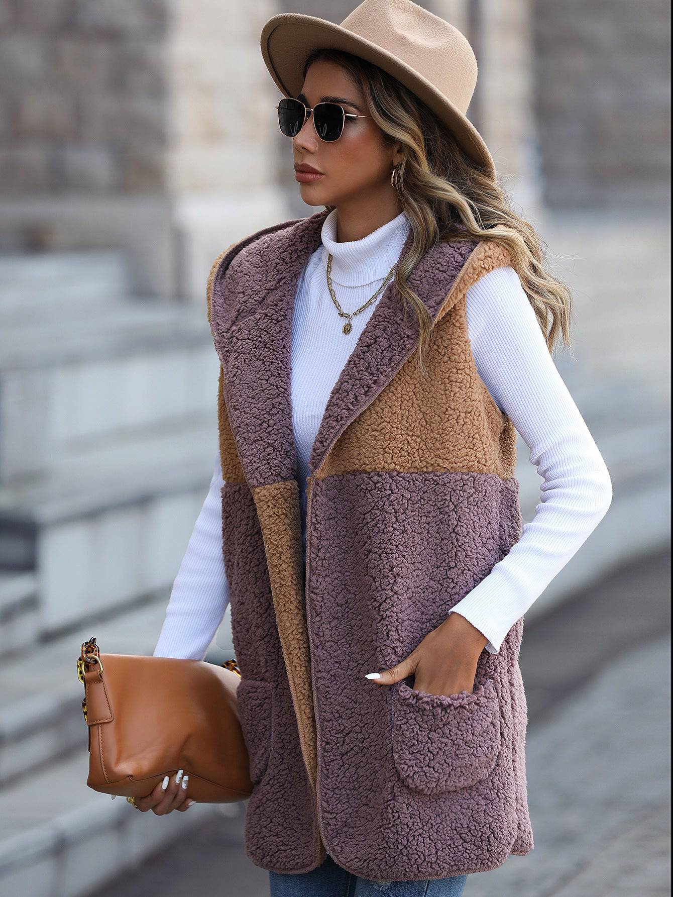 Hooded Sleeveless Color Block Bubble Velvet Outerwear for Women  S Coffee Purple Color Matching 