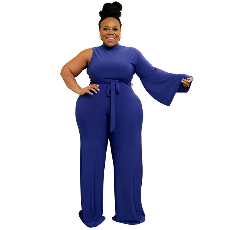 Plus Size Women Solid Color Lace-up Oblique Shoulder Bell Sleeve Jumpsuit - Wild Amber Fashion