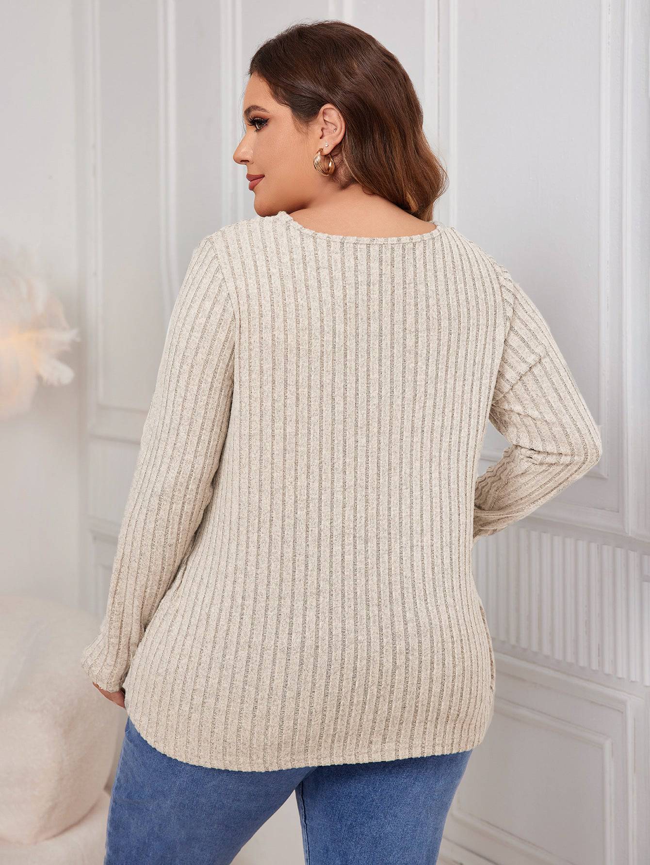 Plus Size V neck Sweater Fall/Winter Loose Fitting Outerwear Sweater - Wild Amber Fashion