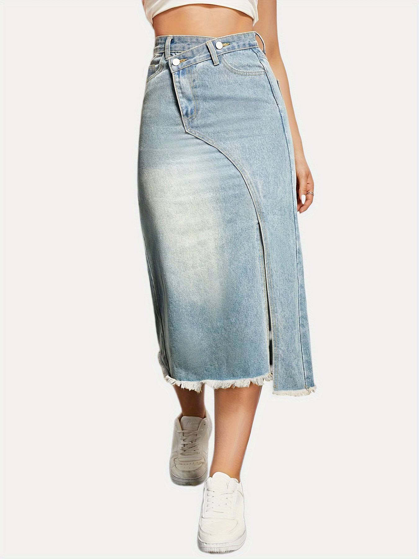 Fashionable Autumn Retro Denim Skirt with Side Slit Stitching  S light blue 