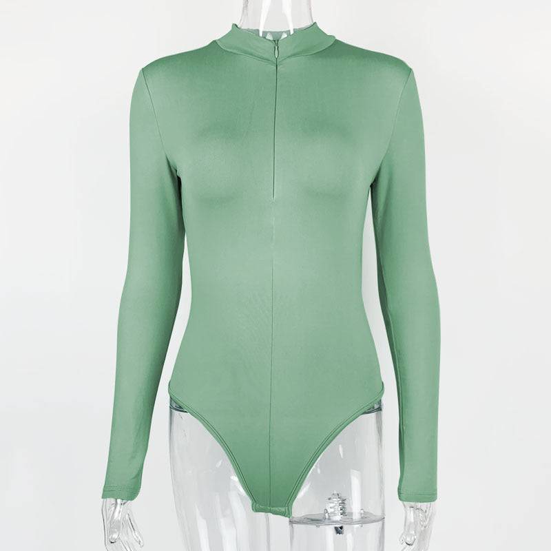 Zippered Long Sleeve Bodysuit for Women - Perfect for Autumn/Winter  S Green 