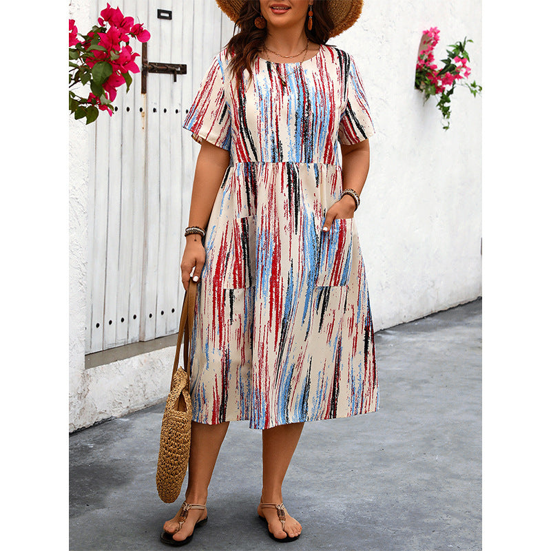 Plus Size Women Striped Printed Dress Spring Summer Product Loose Casual Pocket Maxi Dress - Wild Amber Fashion