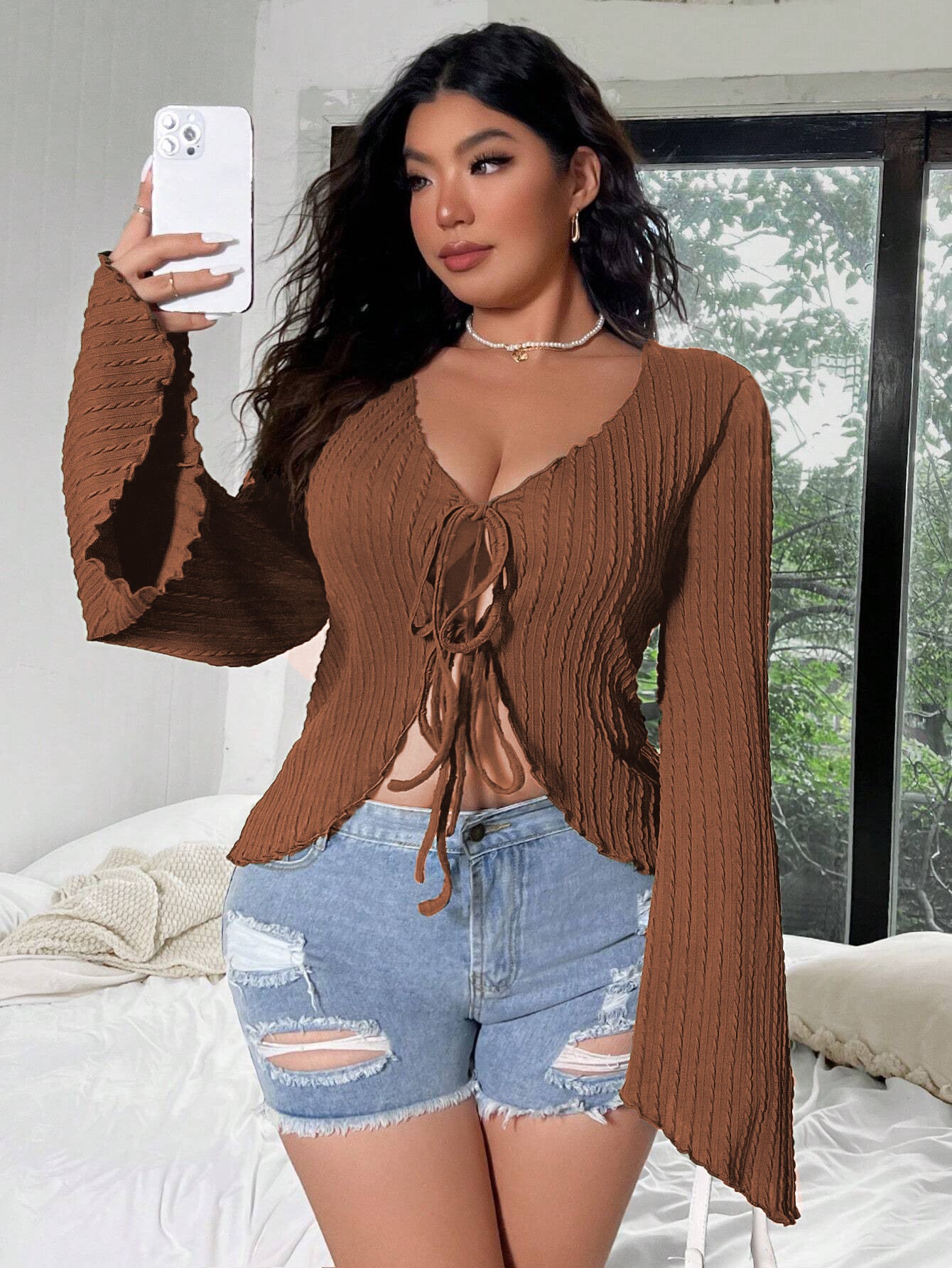 Plus Size Women Sexy Sweet Spicy V neck T shirt Autumn Winter Bell Sleeve Slim Fit Tied Cardigan Top - Wild Amber Fashion