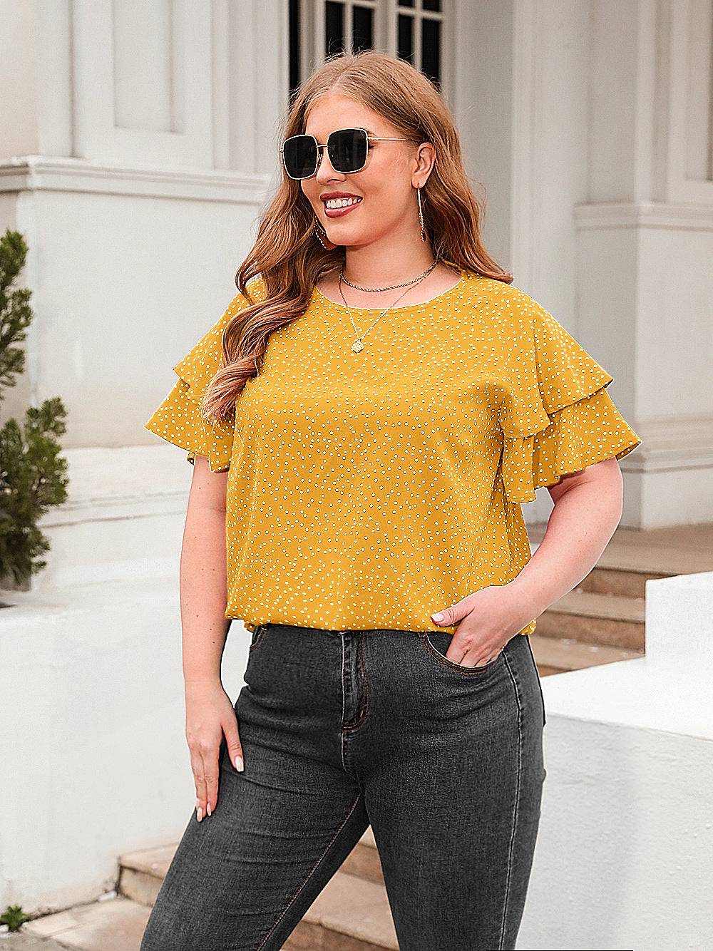 Stylish Plus Size Polka Dot Casual T-shirt for Women  XL Yellow 