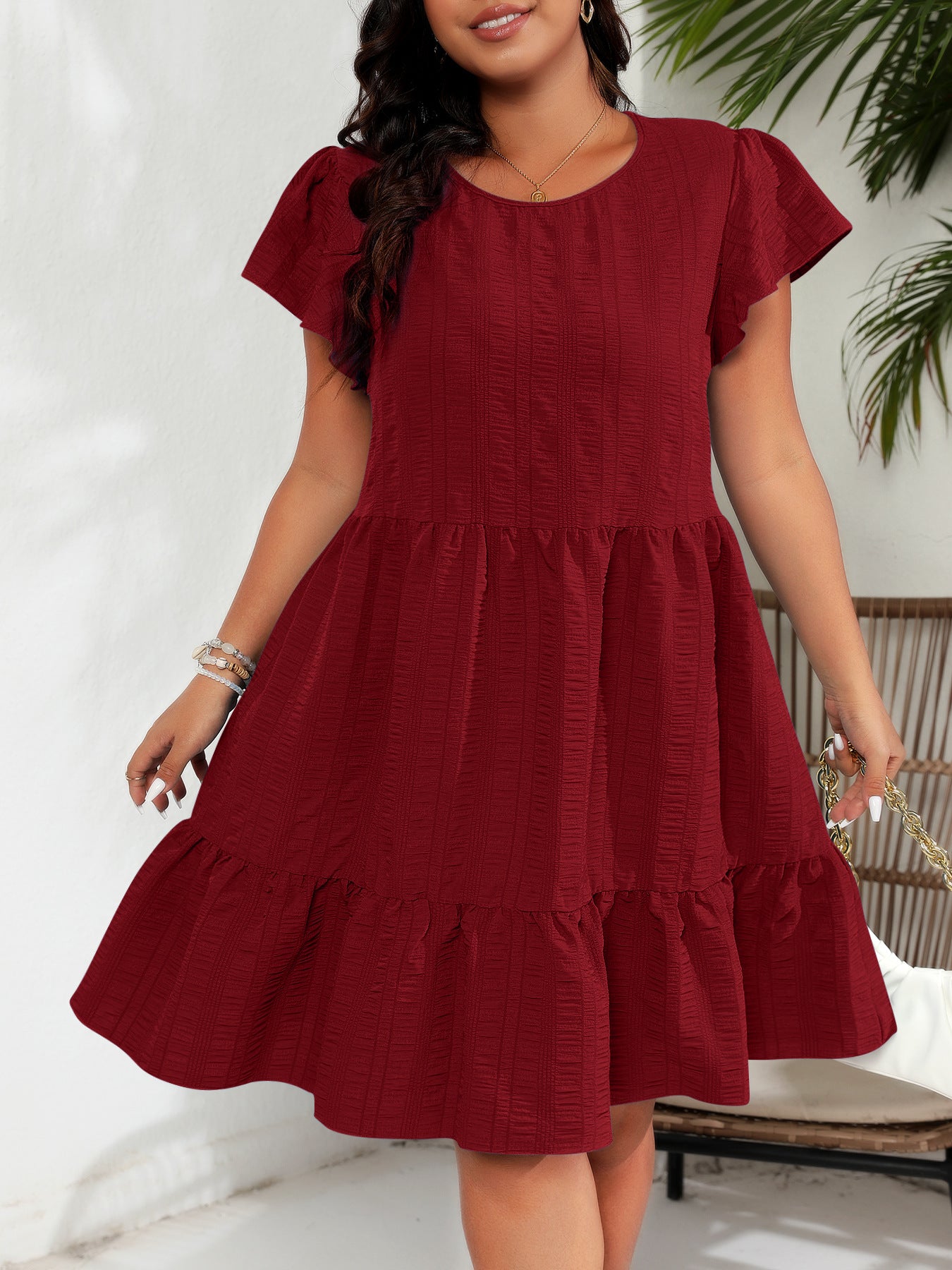 Plus Size round Neck Ruffle Sleeve Waist Tight Vacation Casual Dress - Wild Amber Fashion