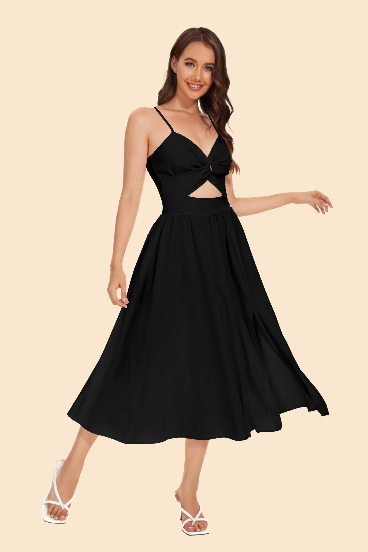 Summer Sweet Macaron Color Sling Waist Maxi Dress  S Black 