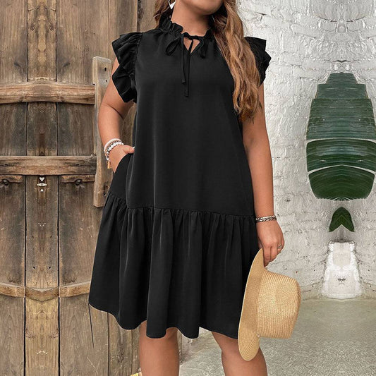 Loose Fit Plus Size Vacation Dress with Lotus Leaf Collar  1XL Black 