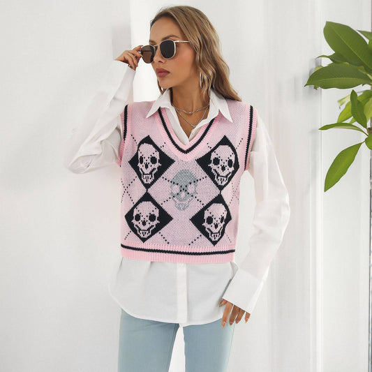 Skull Jacquard Rhombus Vest Sweater with Halloween Theme for Women  S Pink 