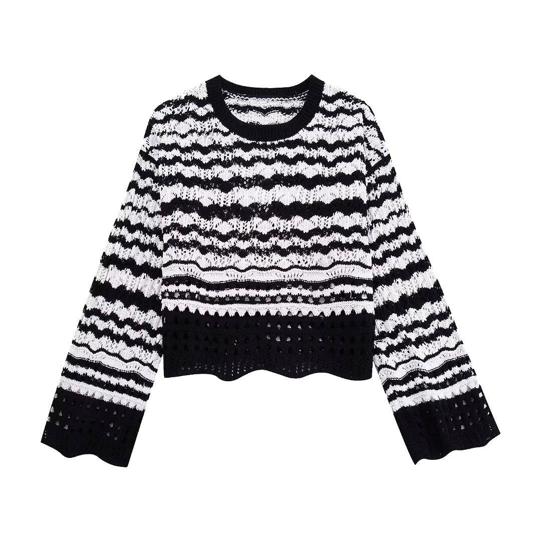 French Chenille Color Block Sweater for Women  S Black/White 