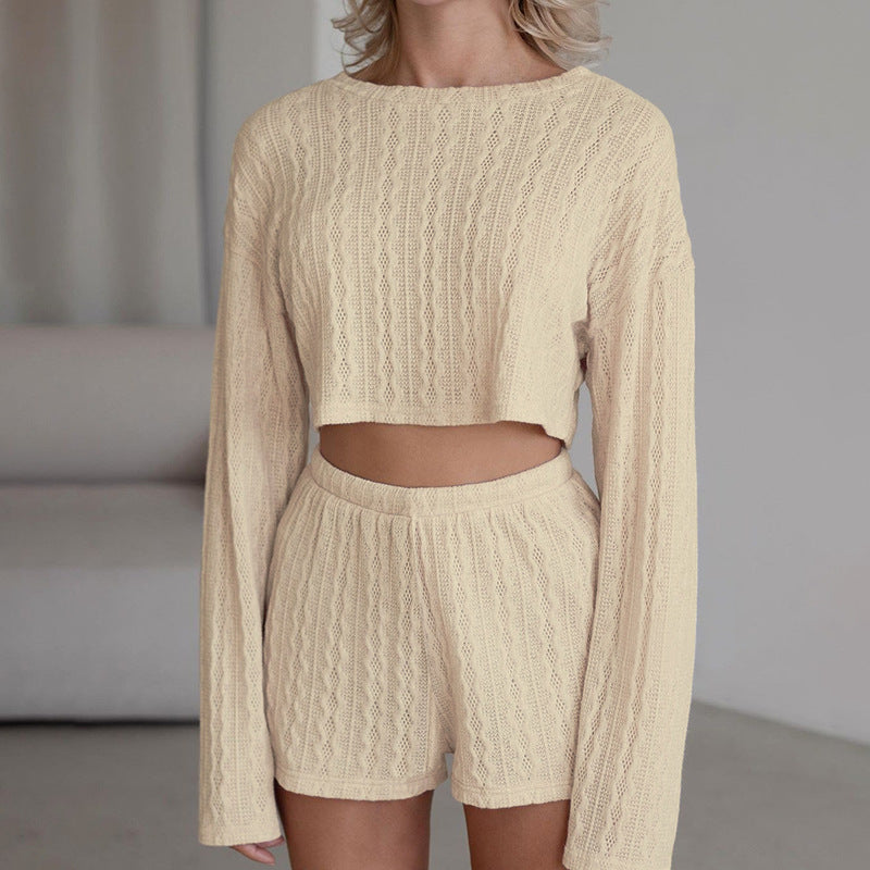 Spring Sexy Knitted Cropped Long Sleeve Pajamas Shorts Two Piece Comfortable Soft Home Wear - Wild Amber Fashion