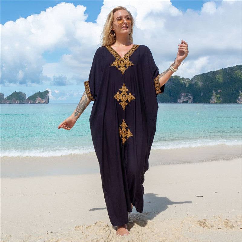 Glamorous Rayon Gold Thread Embroidery Beach Cover Up  One Size Black 