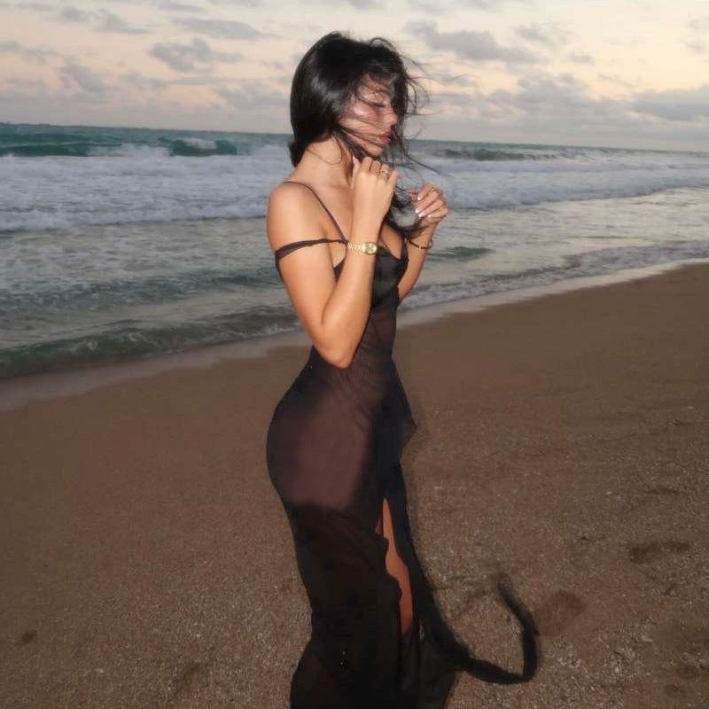 Spring Summer Women Clothing Sexy Girls Mesh See through Split Irregular Asymmetric Spaghetti Strap Dress - Wild Amber Fashion