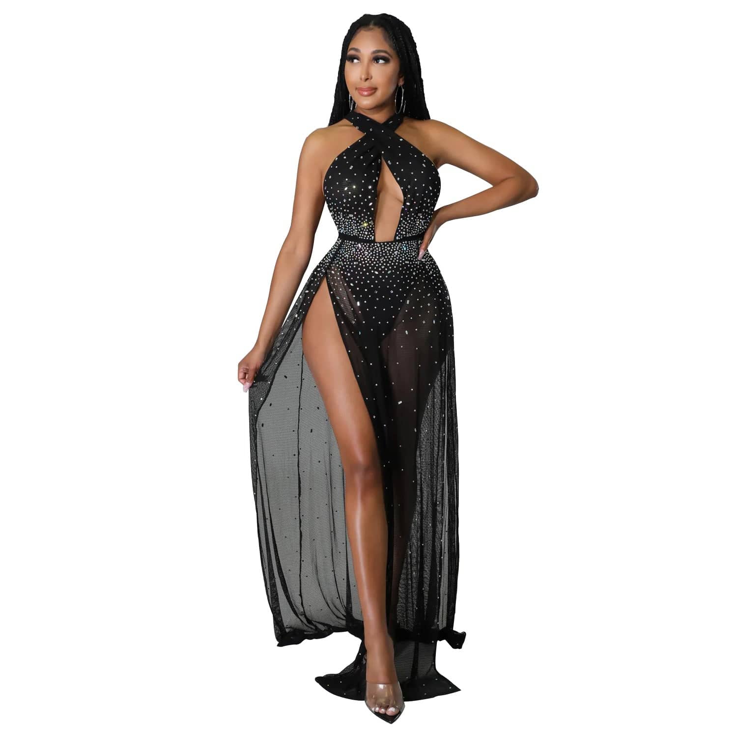 Seductive Rhinestone Embellished Mesh Maxi Dress for Autumn/Winter  S Black 