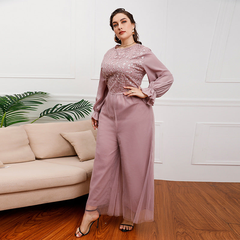 Plus Size Middle East Light Luxury Dress Elegant One Piece Trousers High Waist Loose Wide Leg Flared Pants - Wild Amber Fashion