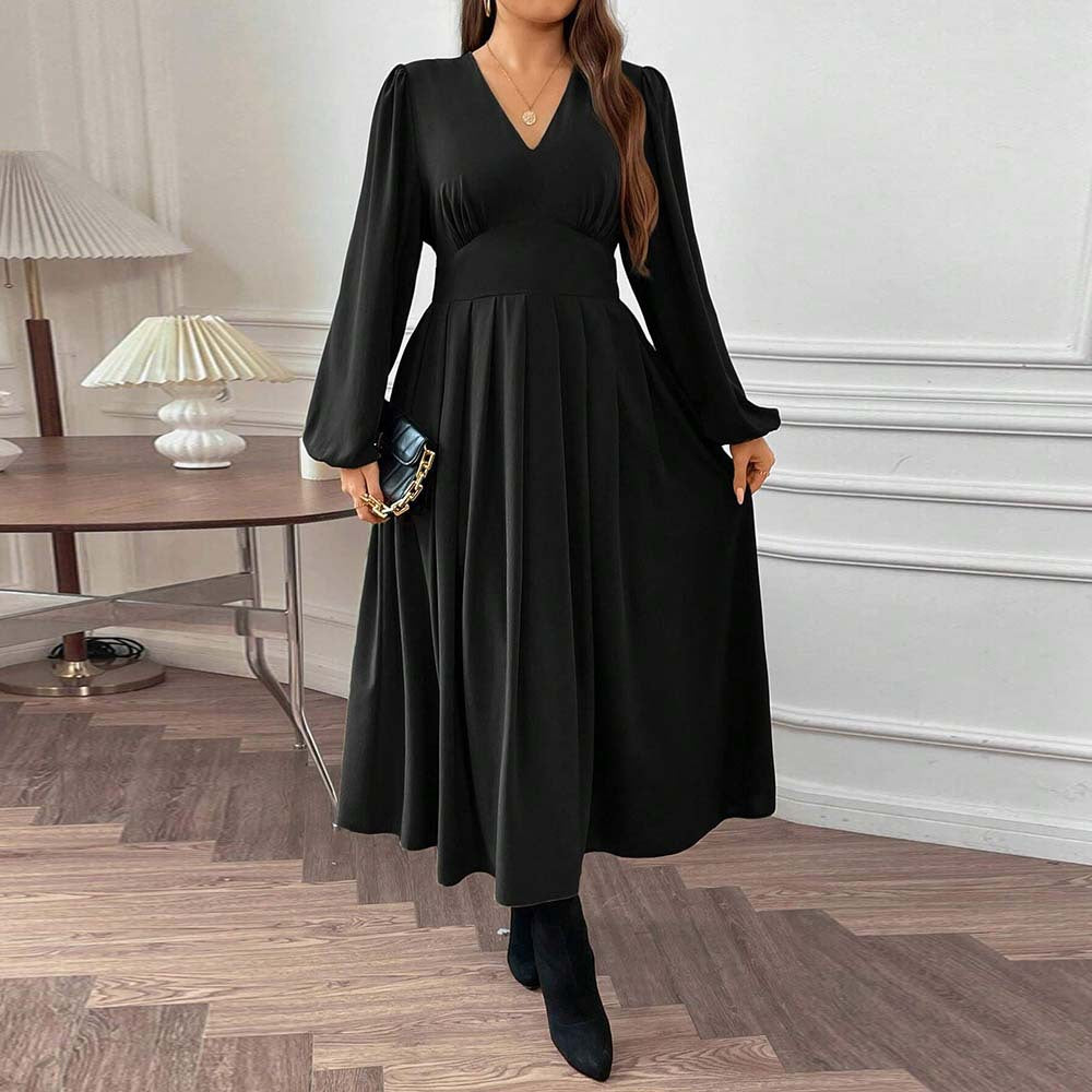 Plus Size Women Clothing Sexy V Neck Waist Puff Sleeve Midi Dress Large Swing Dress - Wild Amber Fashion