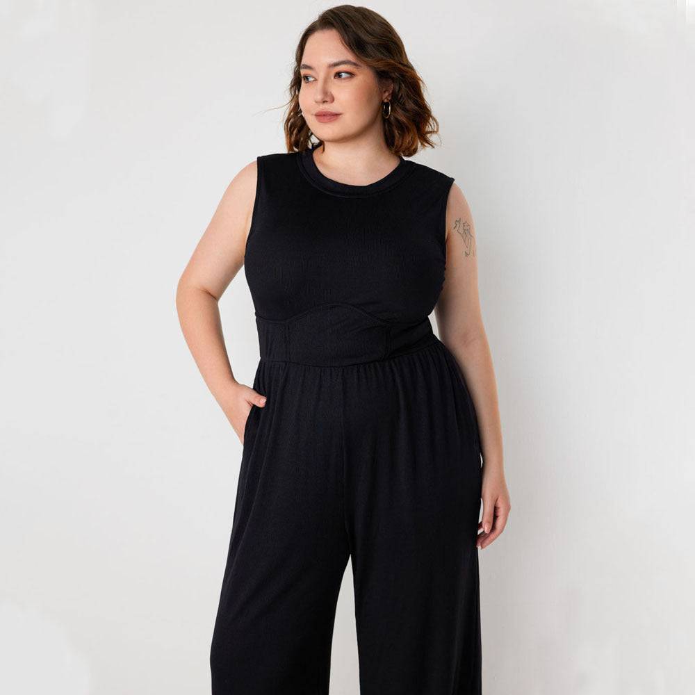 Plus Size Women Clothing Slimming Sleeveless Waist Trimming Casual Solid Color All Matching Jumpsuit Trousers - Wild Amber Fashion