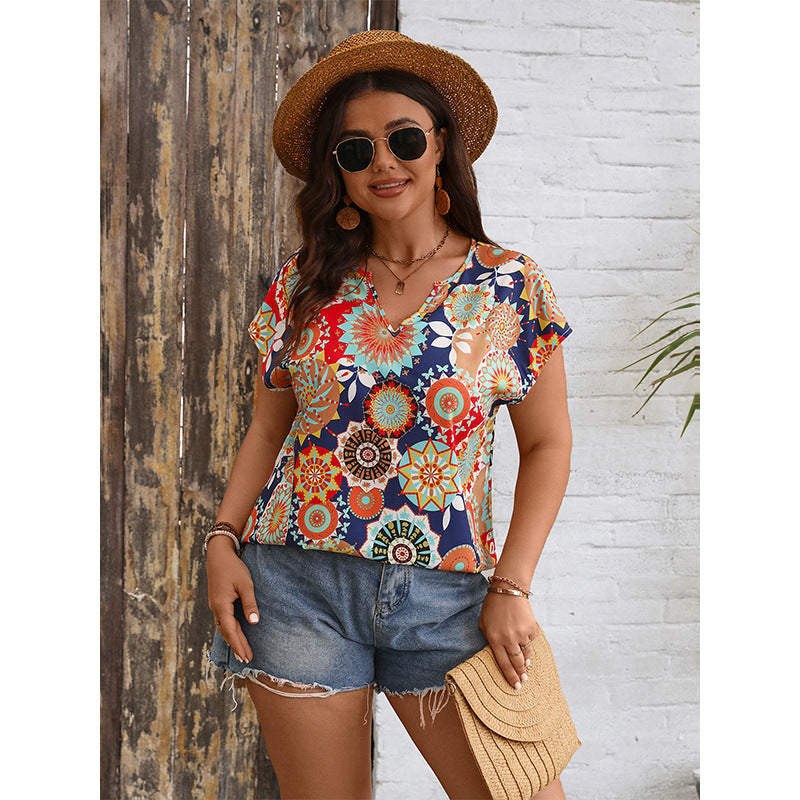 Summer Vacation Casual Women Shirt V neck Pullover Print Shirt Women - Wild Amber Fashion