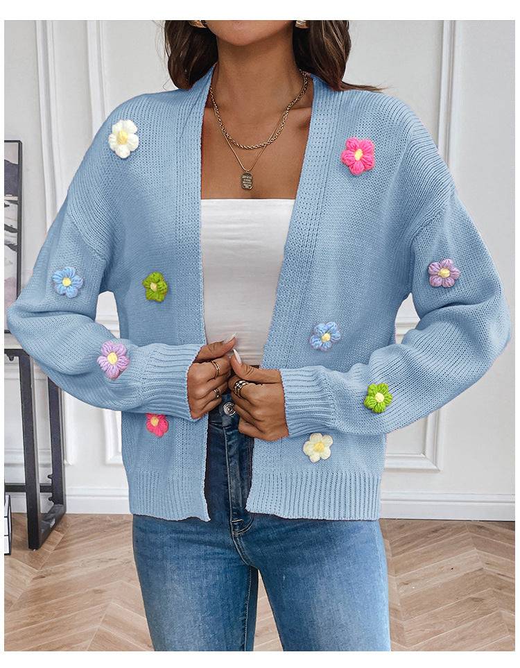 Floral Knitted Cardigan Sweater Coat for Casual Comfort  S Blue Knitted Sweater Coat 