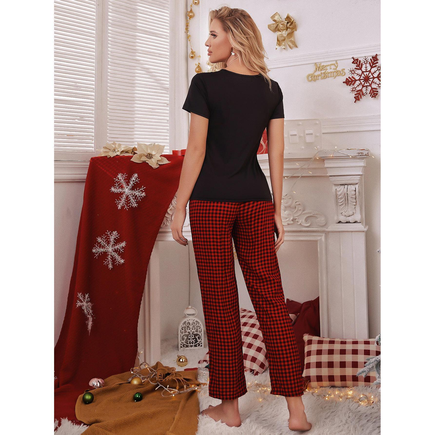 Home Wear Christmas Atmosphere Short-Sleeved T-shirt Trousers Pajamas Suit Comfortable Can Be Worn outside - Wild Amber Fashion