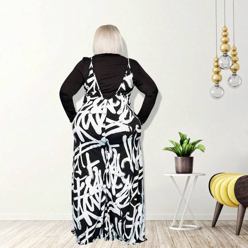 Plus Size Women Clothing Summer New Suspender Irregular Asymmetric Graffiti Jumpsuit New - Wild Amber Fashion