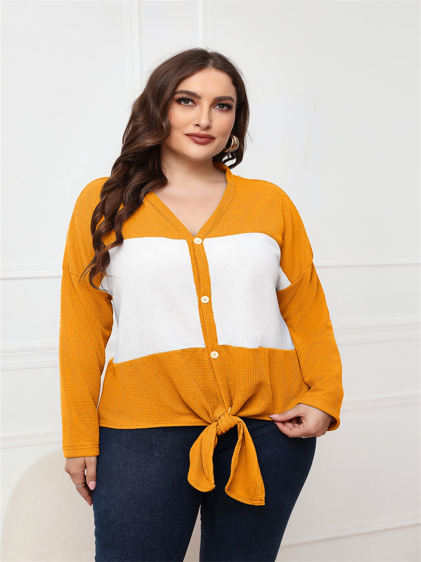 Plus Size Women Clothing Spring Autumn Long Sleeve V Neck Open Placket Top - Wild Amber Fashion