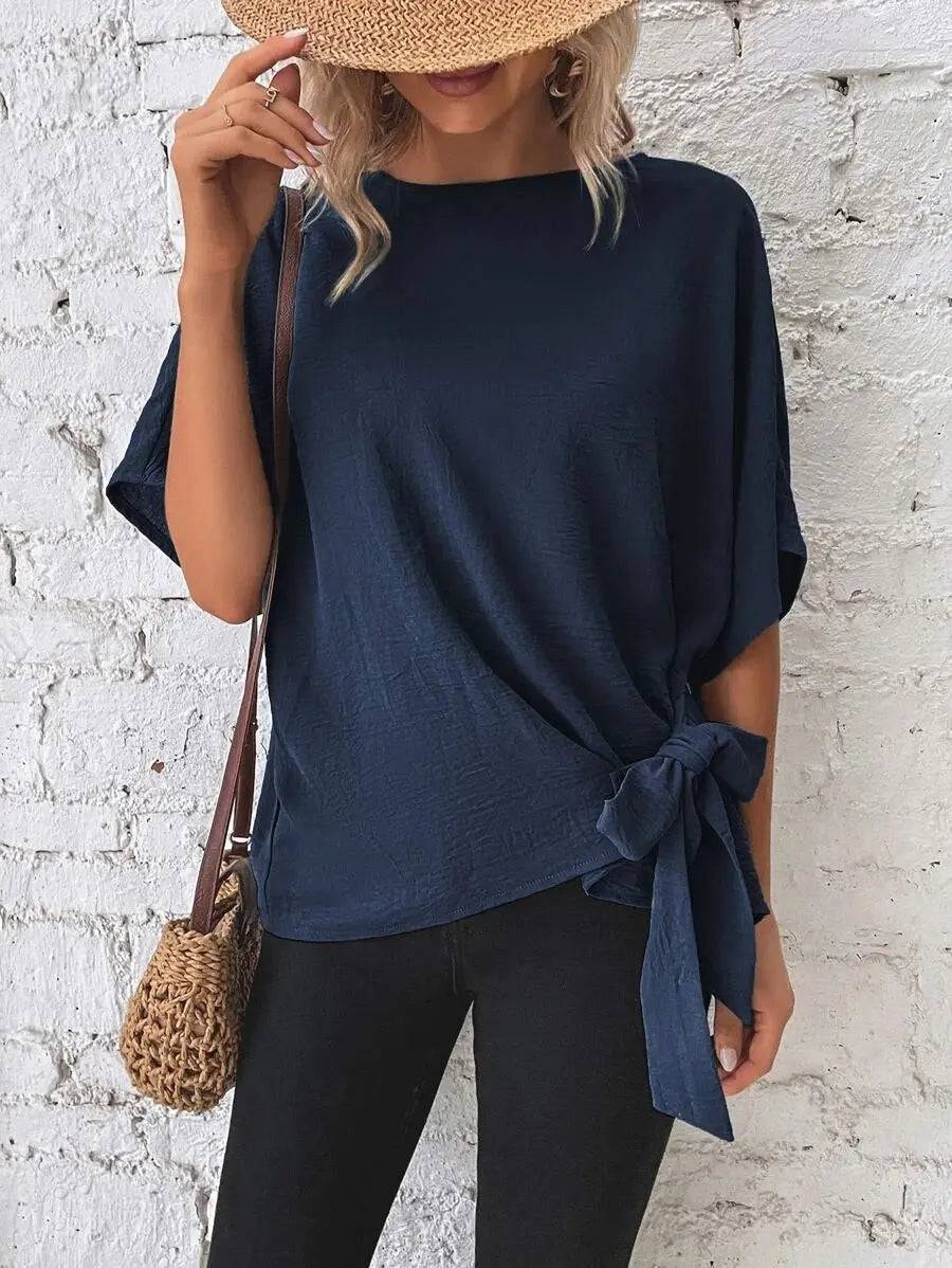 Summer Loose-Fit Batwing Sleeve Knotted T Top for Women  S Navy Blue 