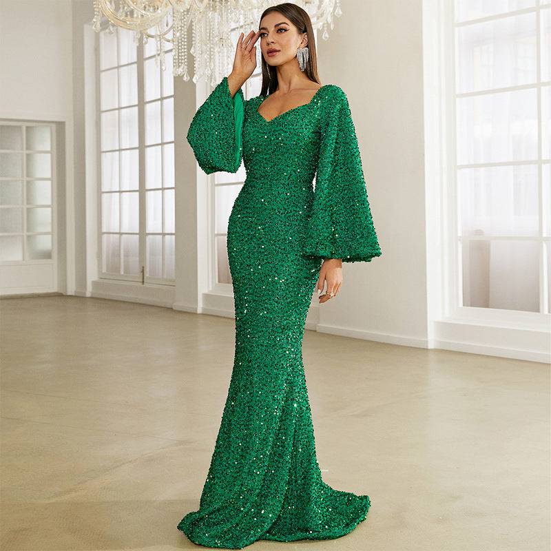 Elegant Sequin V-Neck Evening Dress for Women  S Green 