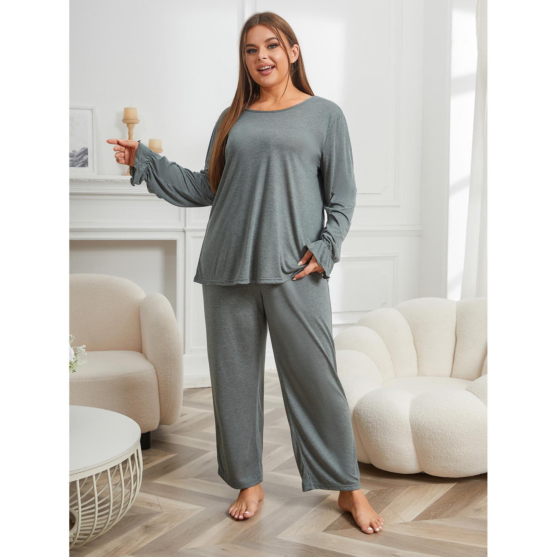 Plus Size Pajamas Women Autumn Winter Solid Color Long Sleeve Home Wear Set - Wild Amber Fashion